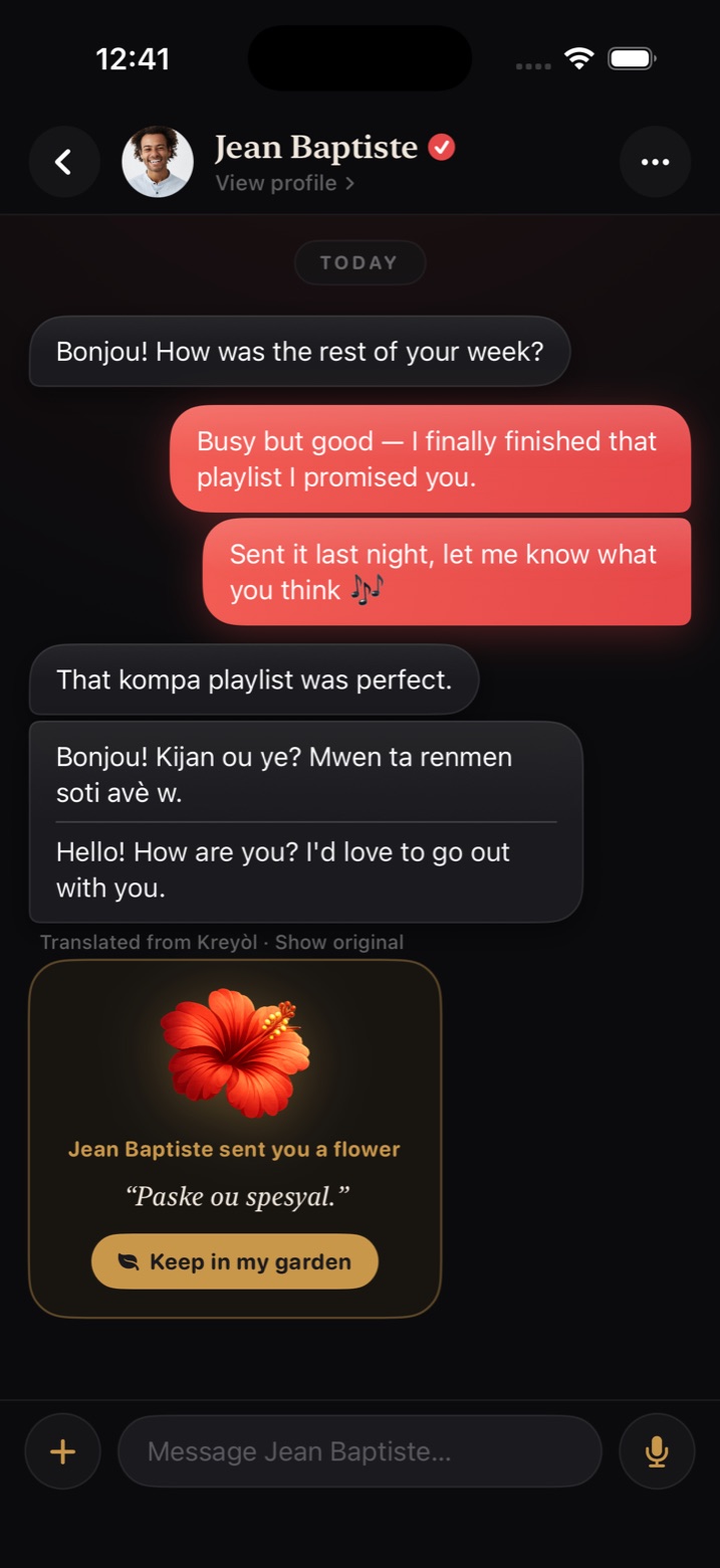 A Flè conversation translating Kreyòl to English inline, with a flower gift