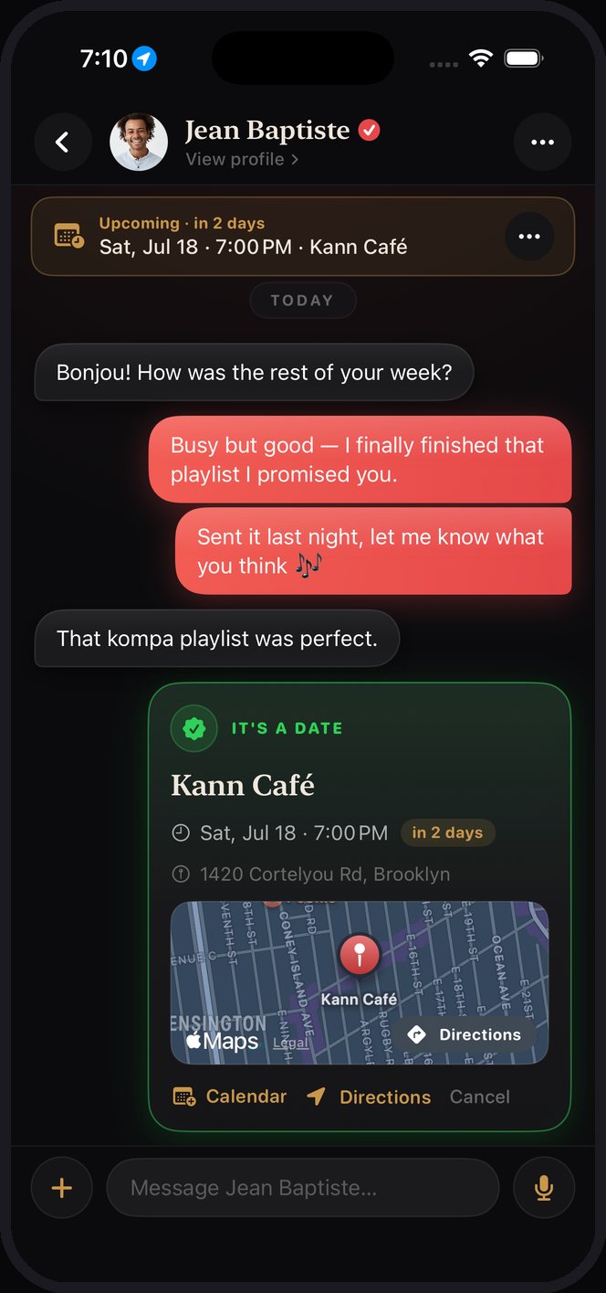 Flè date planning — a confirmed date card with venue, time, and map